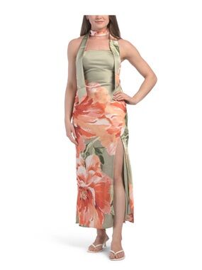 Strapless Floral Maxi Dress in Sage and Coral